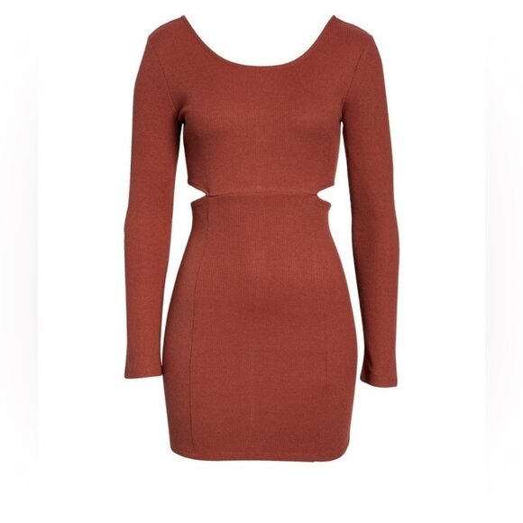 Open Edit Dresses & Skirts - Open Edit Womens Rust Ribbed Cutout Long-Sleeve Mini Dress Size M